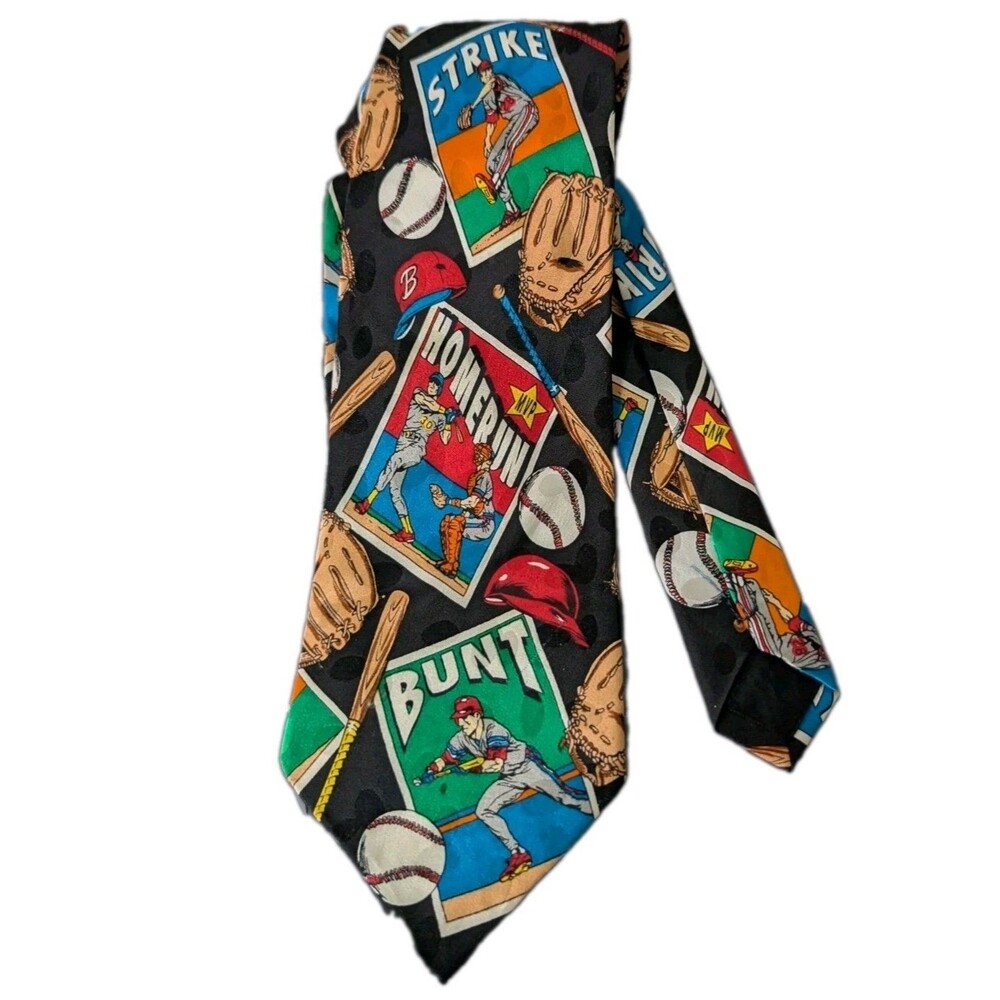 VTG Addiction Baseball Card Graphic Print Necktie Black Silk Novelty Sports 90s